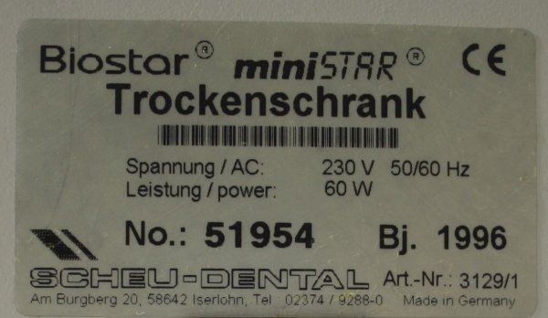 Preview: SCHEU-DENTAL Biostar Trockenschrank miniSTAR # 9057